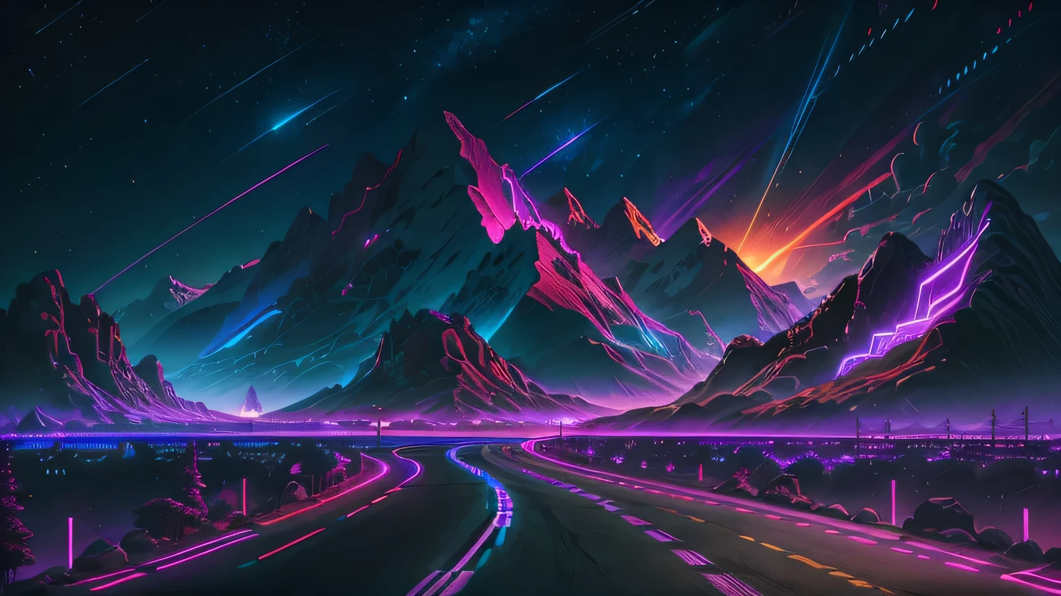 retroonda.  Estrada,  purple neon lights, sol, montanha, 
(obra de arte,detalhado,high resolution),