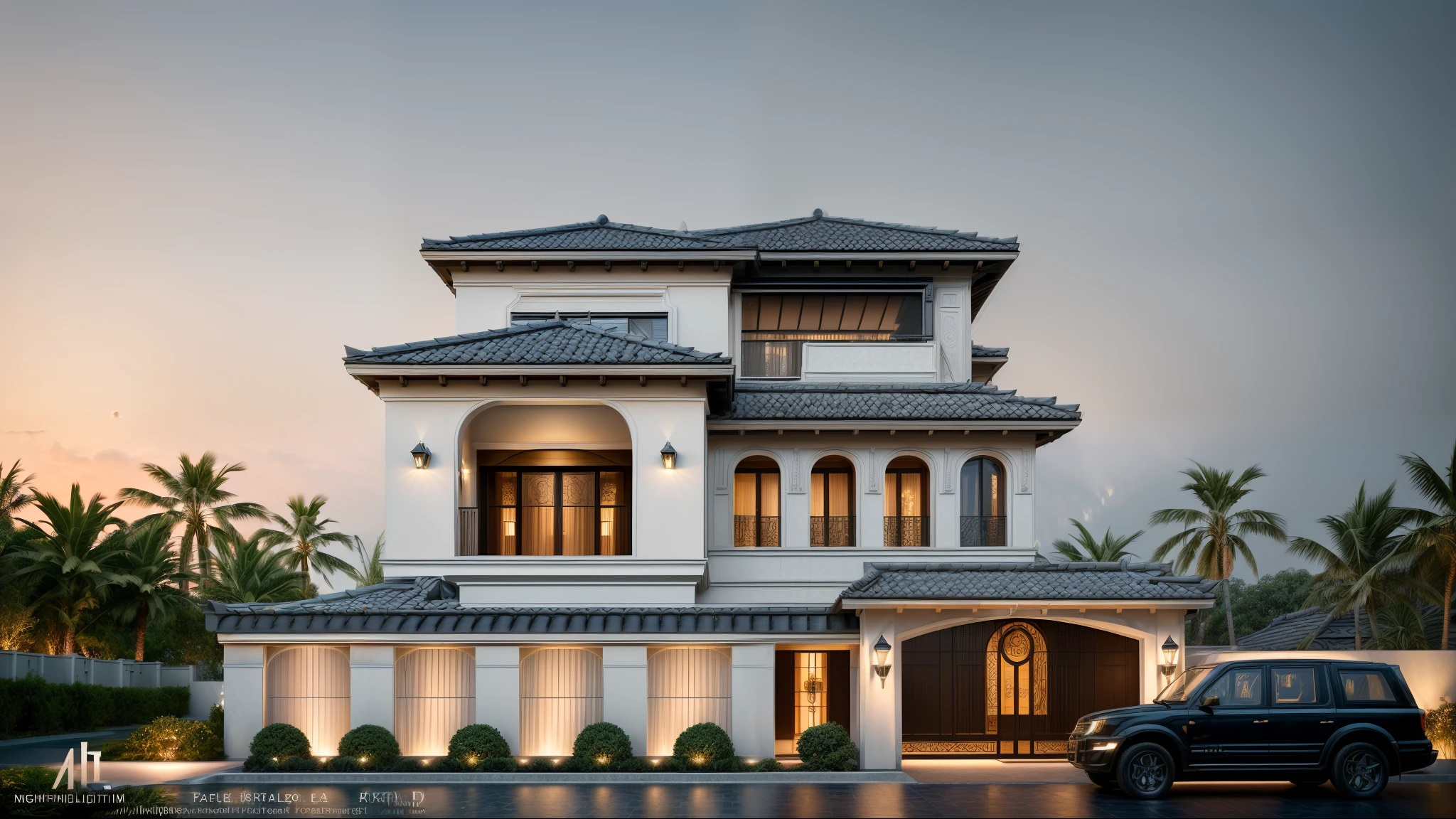 When design a MEDITERRANEAN EXTERIOR house, exterior design, (dark blue roof:1.1), (roof tile:1.2), (indochine style:1.1), ((Iron with artistic patterns detail:1.3) designed to make railings, windows),(xingfa door), (curved arch:1.35), (white wall), (nigh light:1.2), (night view:1.2),designed to make gates, railings, windows), The house bathed in natural nightlight and has warm LED lighting. Super sharp like photos taken with a professional camera, color block wall detail, (|color block materials| in neoclassic house), white color block neoclassic house (((volumetric light))), (outdoor ceiling spotlight:1.2), (Exterior night reverse lights:1.2), (|neoclassical cornice|), The focal point of the room the warm LED light with a color temperature of 3600k, |reverse lights| illuminate the columns around the house, night, 8k uhd, dslr, soft lighting, high quality, film grain, Fujifilm XT3 day, 8k uhd, dslr, soft lighting, high quality, film grain, Fujifilm XT3, The ambient lighting highlights the textures and details, creating a stock photo-like atmosphere, (((Best Quality))), ((Masterpiece)), ((best illustration)), ((best shadows)), ((Super Detail)), (Intricate lines), (Photorealism),(hyper detail), ((archdaily)), ((award winning design)), (dynamic light), ((day)), (perfect light), (shimering light), (hidden light), ((photorealistic)), ((FKAA, TXAA, RTX, SSAO)), ((Post Processing)), ((Post-Production)), ((CGI, VFX, SFX)), ((Full color)) ,((Unreal Engine 5)), ((intricate detail)), ((extreme detail)), ((science)), ((hyper-detail)), ((super detail)), ((super realistic)), ((crazy detail)), ((octane render)), ((Cinematic)), ((trending on artstation)), ((High-fidelity)), ((Viwvid)), ((Crisp)), ((Bright)), ((Stunning)), ((Eye-catching)), ((High-quality)),((Sharp))((Bright)), ((Stunning)), Natural, ((Eye-catching)), ((Illuminating)), ((Flawless)), ((High-quality)),((Sharp edge render)), ((medium soft lighting)), ((photographic render)), ((detailed archviz))