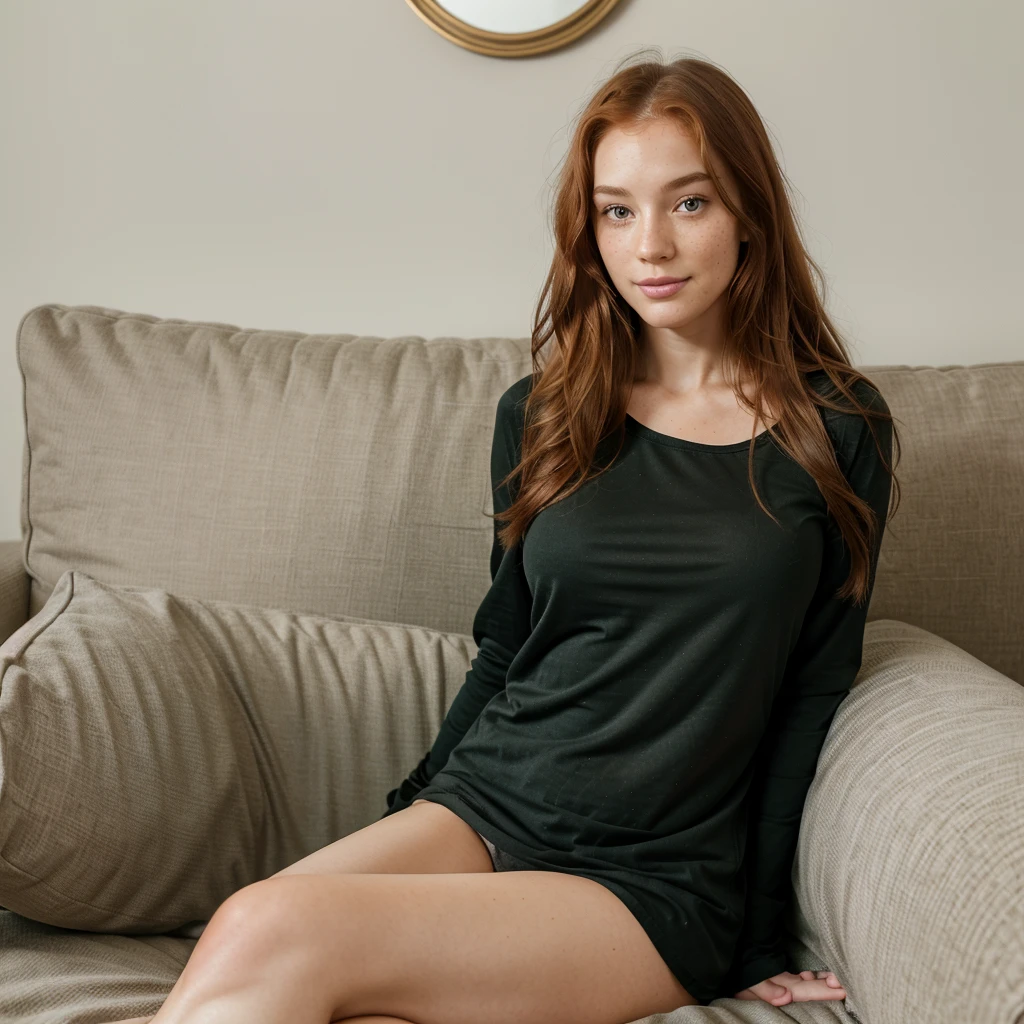 doggy position on a couch, sexy look, black shirt, Woman, American, 25 years old, fair skin with freckles, green-gray eyes, delicate nose, soft and delicate lips, long wavy ginger-hair, sweet smile. full body portrait photograph. ultra high res.photo realistic: 1.4, UDH,