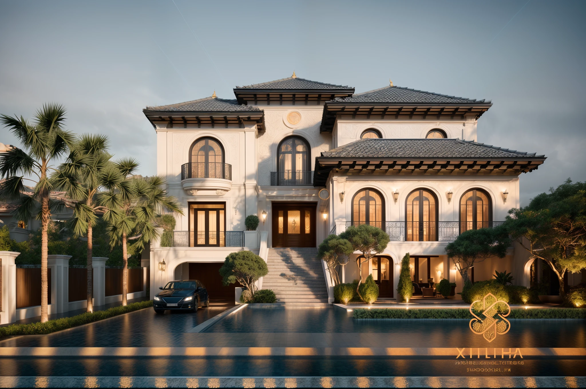 When design a MEDITERRANEAN EXTERIOR house, exterior design, (dark blue roof:1.1), (roof tile:1.2), (indochine style:1.1), ((Iron with artistic patterns detail:1.3) designed to make railings, windows),(xingfa door), (curved arch:1.35), (white wall), (nigh light:1.2), (night view:1.2),designed to make gates, railings, windows), The house bathed in natural nightlight and has warm LED lighting. Super sharp like photos taken with a professional camera, color block wall detail, (|color block materials| in neoclassic house), white color block neoclassic house (((volumetric light))), (outdoor ceiling spotlight:1.2), (Exterior night reverse lights:1.2), (|neoclassical cornice|), The focal point of the room the warm LED light with a color temperature of 3600k, |reverse lights| illuminate the columns around the house, night, 8k uhd, dslr, soft lighting, high quality, film grain, Fujifilm XT3 day, 8k uhd, dslr, soft lighting, high quality, film grain, Fujifilm XT3, The ambient lighting highlights the textures and details, creating a stock photo-like atmosphere, (((Best Quality))), ((Masterpiece)), ((best illustration)), ((best shadows)), ((Super Detail)), (Intricate lines), (Photorealism),(hyper detail), ((archdaily)), ((award winning design)), (dynamic light), ((day)), (perfect light), (shimering light), (hidden light), ((photorealistic)), ((FKAA, TXAA, RTX, SSAO)), ((Post Processing)), ((Post-Production)), ((CGI, VFX, SFX)), ((Full color)) ,((Unreal Engine 5)), ((intricate detail)), ((extreme detail)), ((science)), ((hyper-detail)), ((super detail)), ((super realistic)), ((crazy detail)), ((octane render)), ((Cinematic)), ((trending on artstation)), ((High-fidelity)), ((Viwvid)), ((Crisp)), ((Bright)), ((Stunning)), ((Eye-catching)), ((High-quality)),((Sharp))((Bright)), ((Stunning)), Natural, ((Eye-catching)), ((Illuminating)), ((Flawless)), ((High-quality)),((Sharp edge render)), ((medium soft lighting)), ((photographic render)), ((detailed archviz))