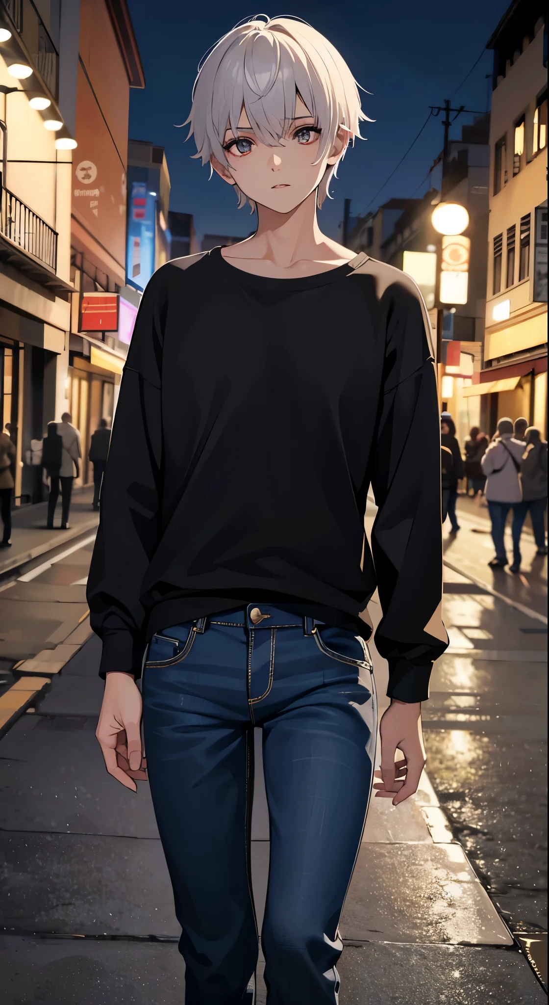 personagem Leon residente mal, com casaco de couro preto, Jeans rasgado, andando armado, com cabelos pretos espalhados e molhados, ((corpo todo)),((rosto perfeito)), dark place in downtown Racon City of Night destroyed with zombies in the background, Realismo social, realismo, rastreamento de raio, reflection light, alta qualidade, detalhes altos, super detalhe, 8k, 16k, melhor qualidade
