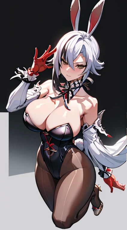NSFW, arlecchino, arlecchino from genshin impact, big tits, super huge tits, cool girl, a quiet and serious girl, badass, firm expression, erotic model pose, hot body, lewd girl, begging for sex, bunny girl, bunny ears, ((POV)), full body, high view