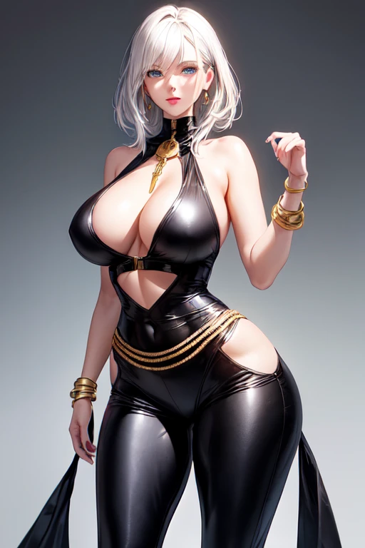 thin white character captivating appearance, whose presence is marked by a unique combination of elegance and mystery, platinum hair, blue eyes, pink lips, large breasts, wide waist, wide hips and a big ass, wearing a black jumpsuit that covers the entire body with gold jewelry on the neck and rings 
