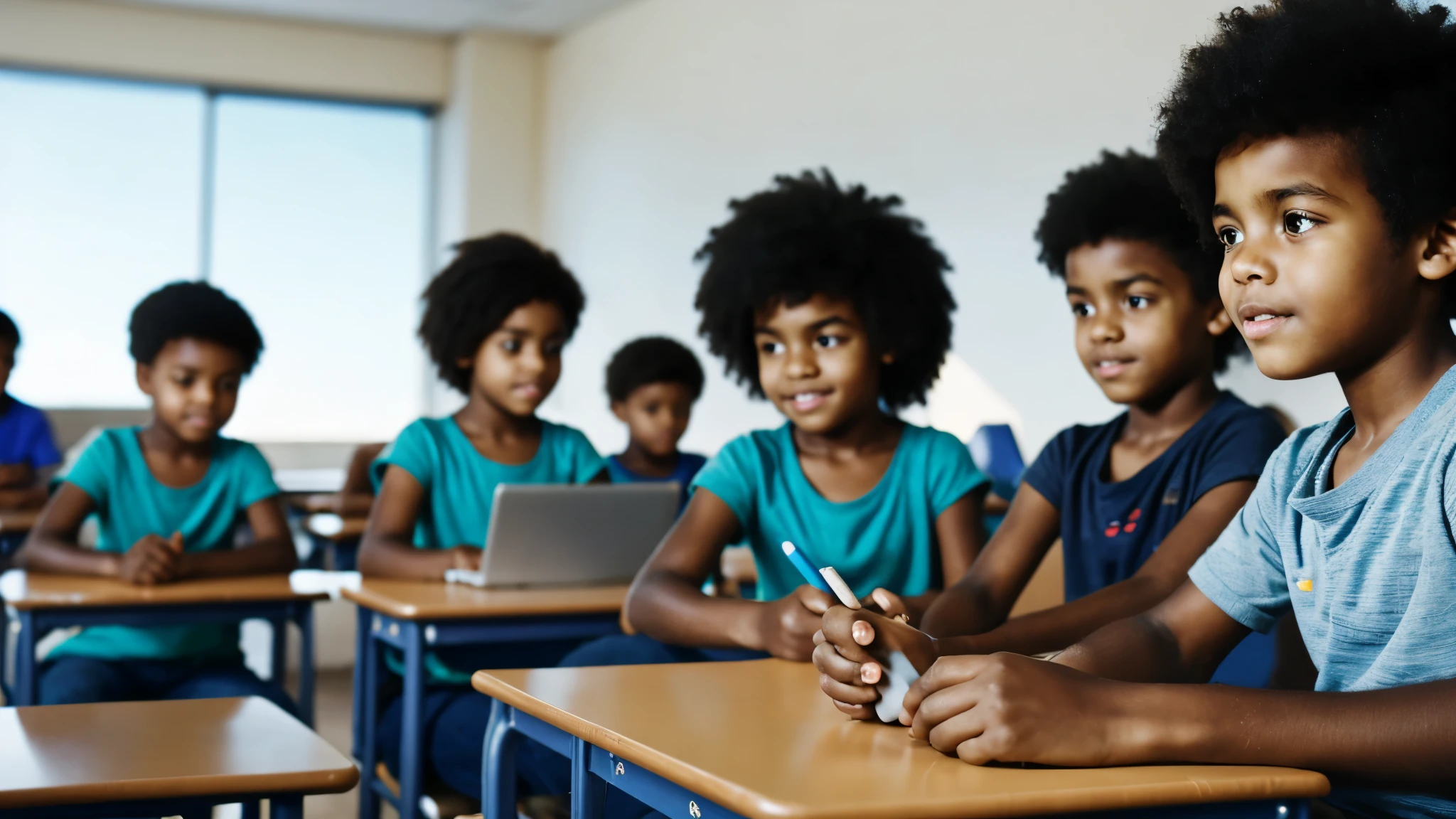 8k quality, Very realistic photography, format 9/16, 11-year-old African boy with short and haircut, at school, front of a computer, intently focusing on learning to code in a crowded and classroom. His curious mind is fully engaged, with intricated details of his expression conveying concentration and determination. The classroom setting is filled with the energy of young minds at work, as other students scratch their heads in deep thought or glance over at his screen inquisitively. The boy's complexion is brown.