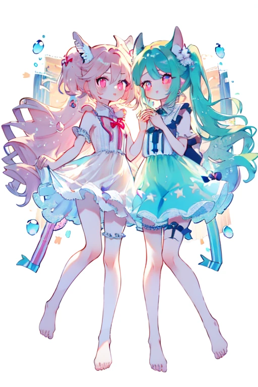 Pale pink pupils,Transparent pink garter stockings,whole body,barefoot,lace,masterpiece, kawaiitech,(2girls:1.1),(holding hands:1.1),Whole body,pastel colors,Soft contrast,fair skin,The skin is delicate and shiny,