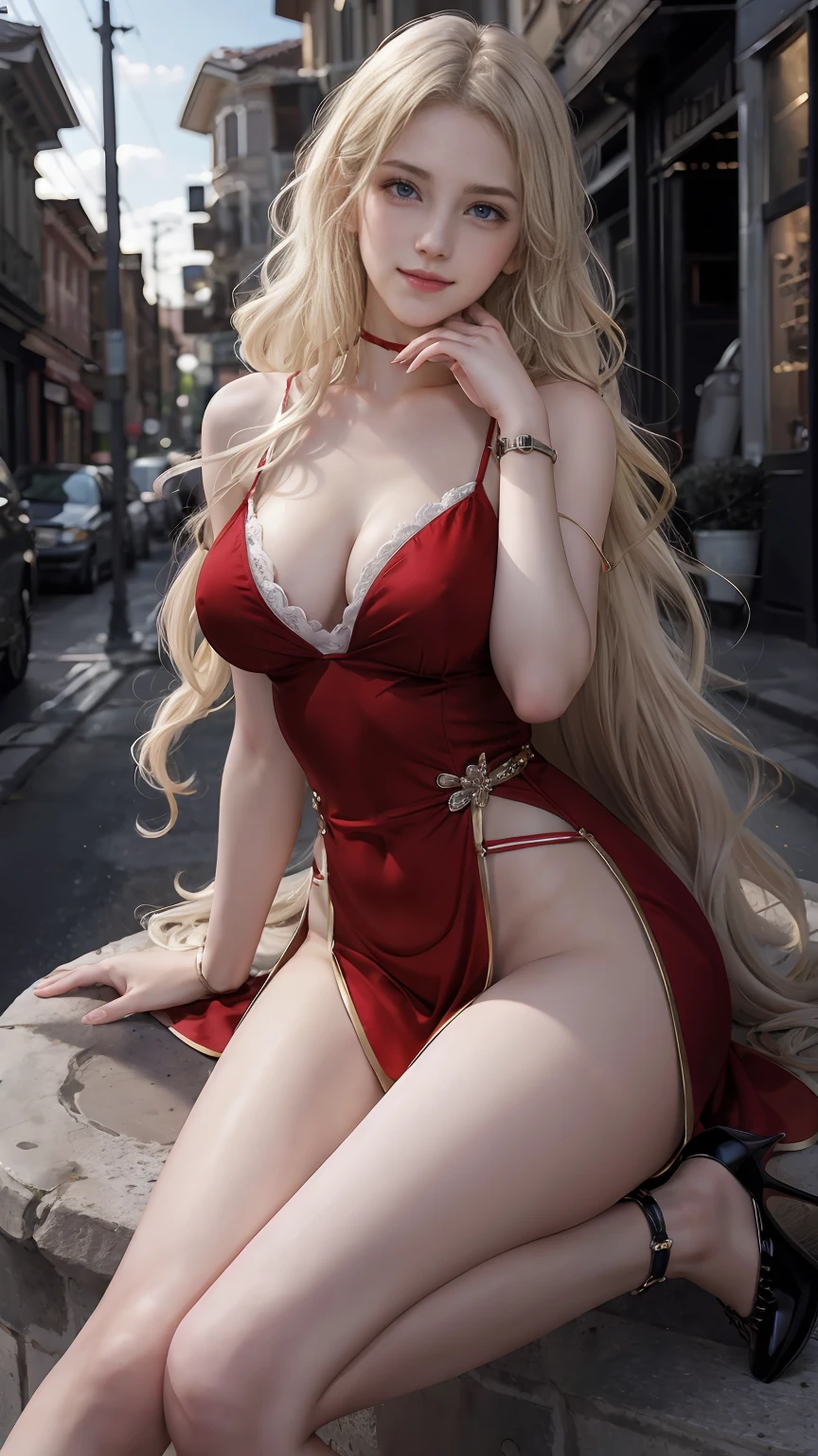 22 year old white female、Hair color is platinum blonde、blue eyes、long hair、straight hair、accessories on wrist、I'm wearing a choker、skin is smooth、smile、Slender but muscular body、My heart is pounding、smile、wearing a plunging neck dress、wearing red high heels、Sitting in the middle of the stone steps in the old town, resting on his chin.