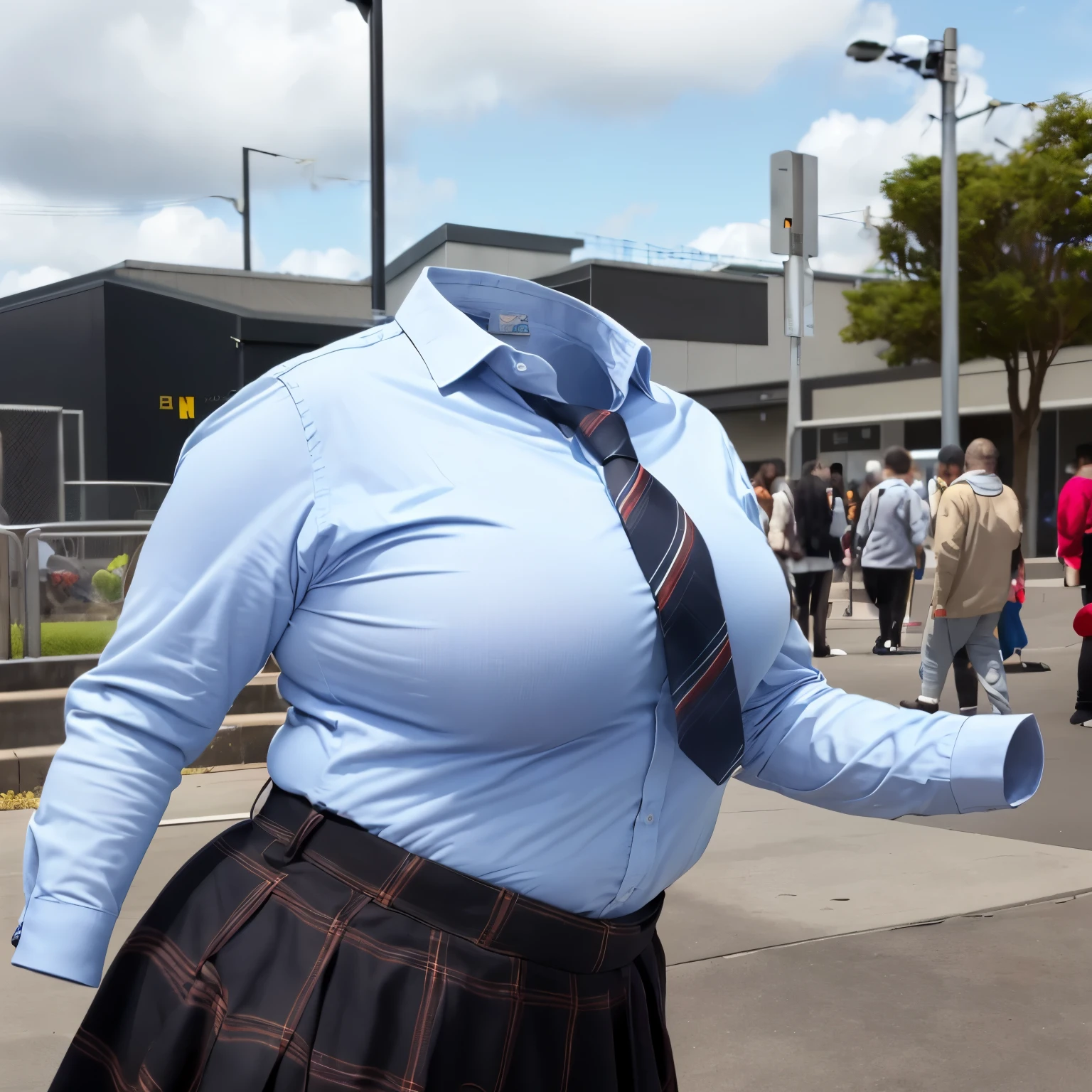 school uniform on hanger, plaid skirt, stripe tie, long sleeve, cute big breasts, (invisible, no human, headless, handless:1.5), chubby,cute pose