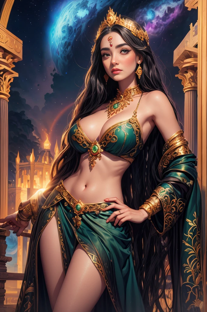 um retrato de(( uma mulher cigana )) cabelos longos negros e cacheados enfeitados com rosas, a mais bela das mulheres, olhos verdes sedutores, in high definition, em 8K, de 18 anos, Deusa do Mar, Deusa do Oceano, Luthien, arte de deusa, Deusa da mitologia grega, Deusa da Lua, Deusa do amor e da paz, deusa bonito, Mitologia da Deusa da Terra, The Mother Goddess, Um retrato impressionante de uma deusa, Frank Kelly Freas, Estilo Karol Bak, ((beautiful face)), Ultra Definition, melhor qualidade, 32k ultra , Ultra HD