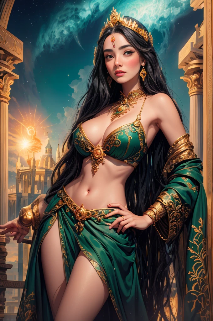 um retrato de(( uma mulher cigana )) cabelos longos negros e cacheados enfeitados com rosas, a mais bela das mulheres, olhos verdes sedutores, in high definition, em 8K, de 18 anos, Deusa do Mar, Deusa do Oceano, Luthien, arte de deusa, Deusa da mitologia grega, Deusa da Lua, Deusa do amor e da paz, deusa bonito, Mitologia da Deusa da Terra, The Mother Goddess, Um retrato impressionante de uma deusa, Frank Kelly Freas, Estilo Karol Bak, ((beautiful face)), Ultra Definition, melhor qualidade, 32k ultra , Ultra HD