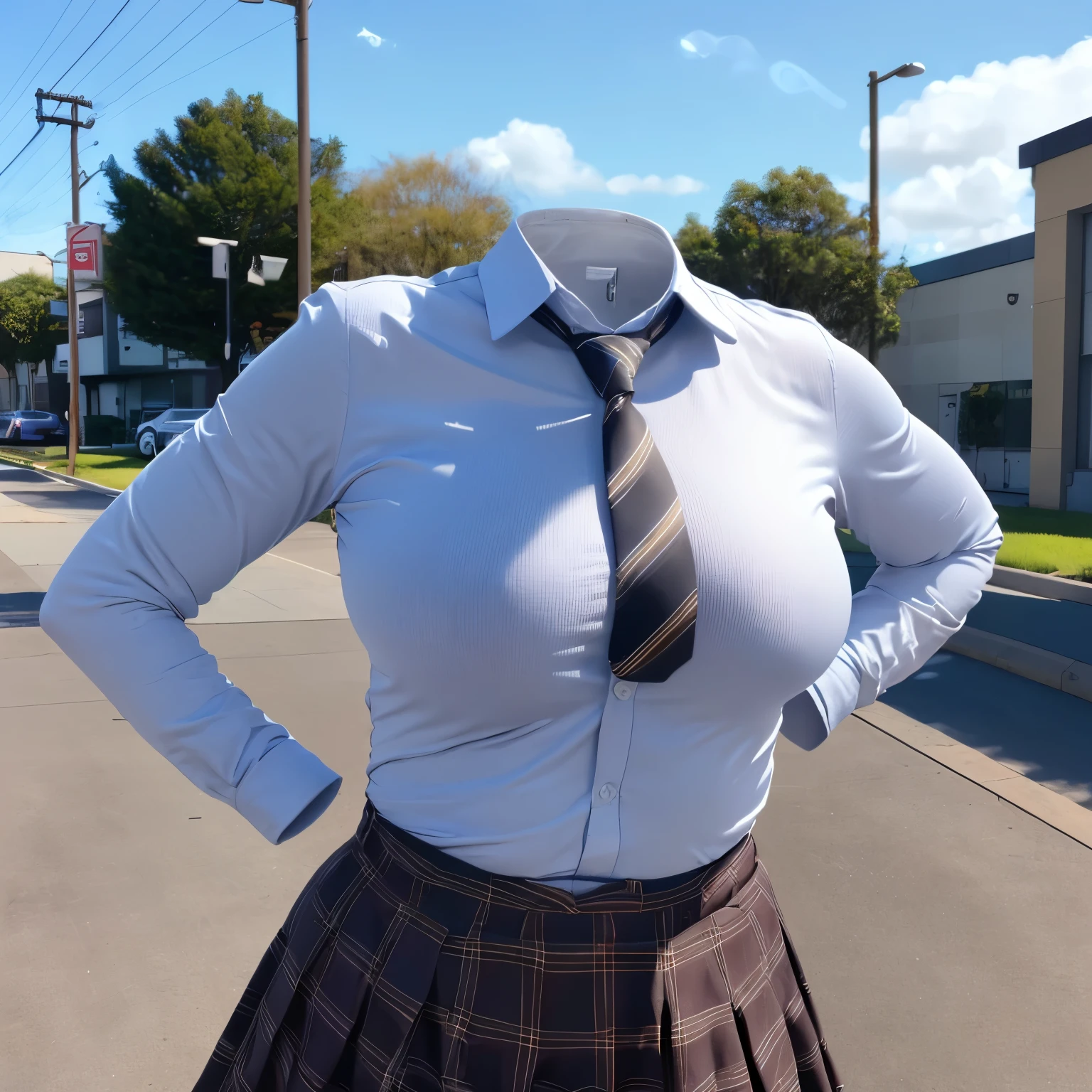 school uniform on hanger, plaid skirt, stripe tie, long sleeve, cute big breasts, (invisible, no human, headless, handless:1.5), chubby,cute pose