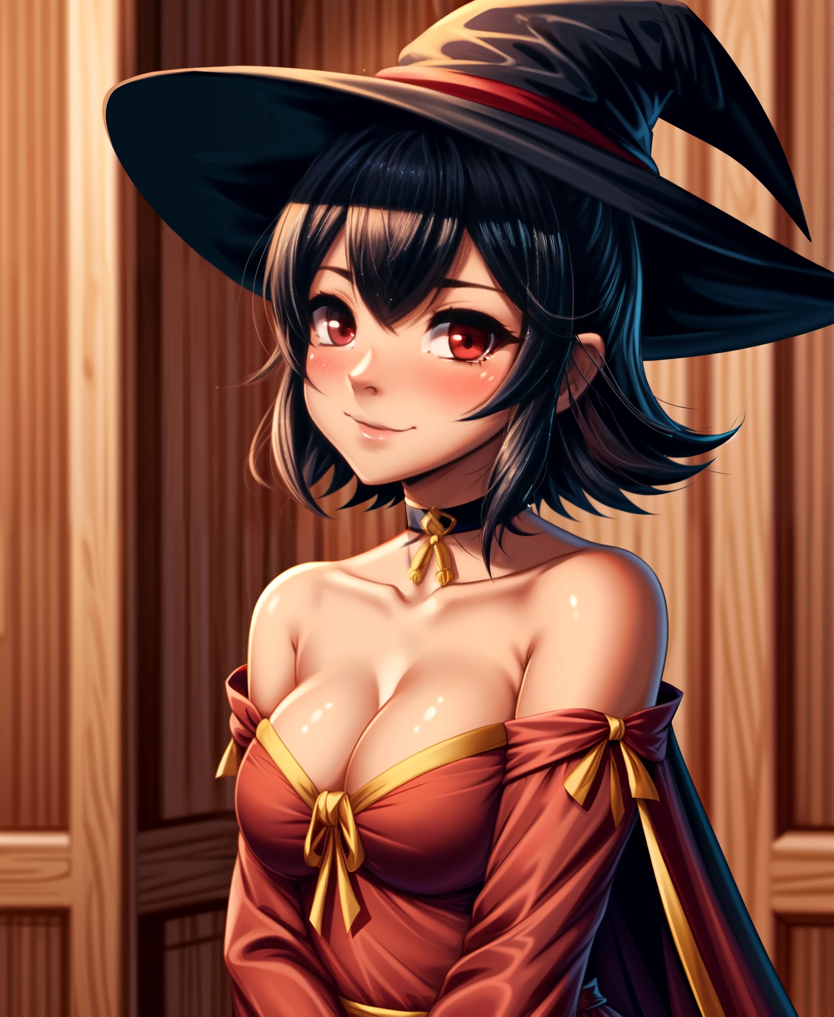 megumin, 1girl, bare shoulders, black cape, black gloves, black hair, blush, cape, choker, collarbone, dress, hair between eyes, hat, long sleeves, looking at viewer, medium hair, off-shoulder dress, off shoulder, red dress, red eyes, sidelocks, solo, witch hat, indoors