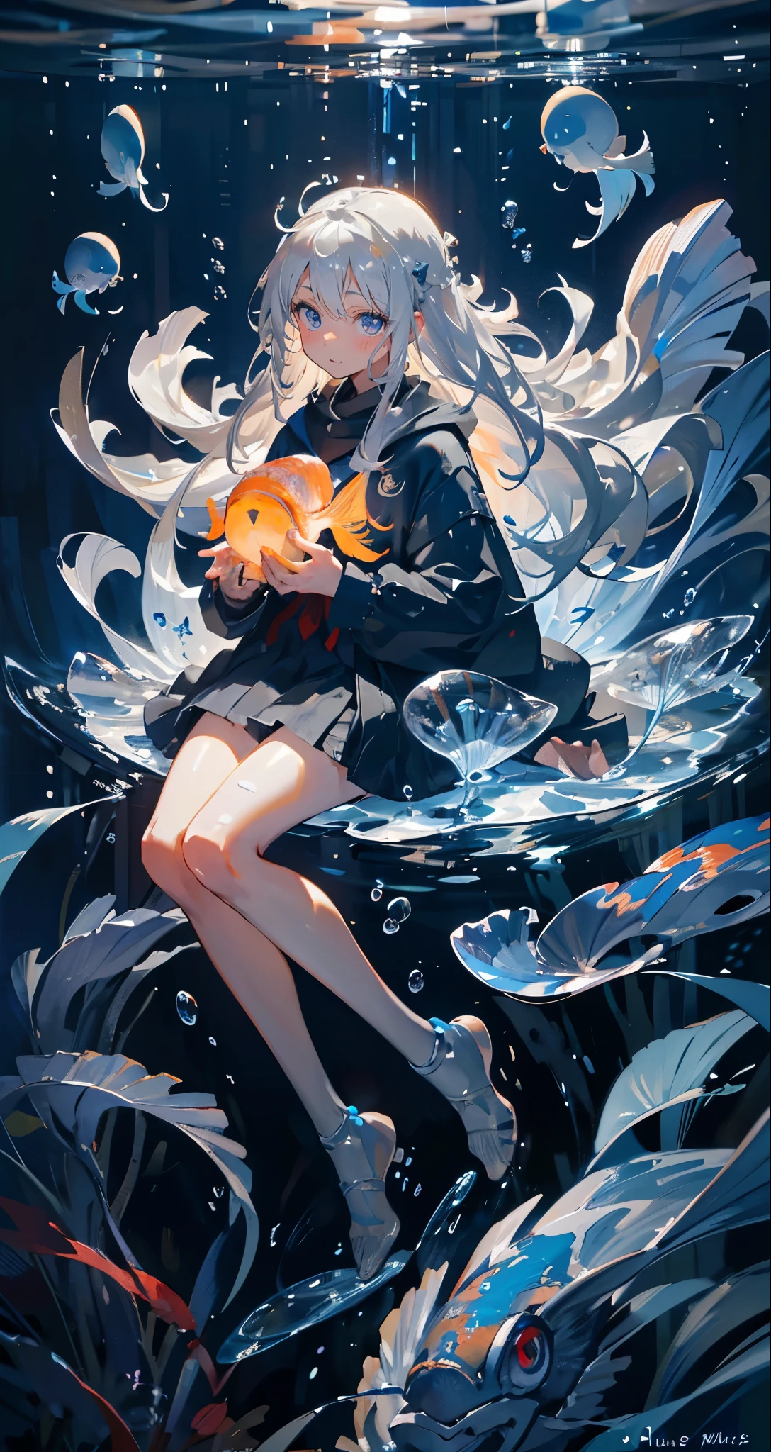 (muste piece), (highest quality), very detailed, 1 girl, Solo Full Body Shot, perfect face, beautiful girl, highly detailed face,(long gray hair:1.5),(blue eyes:1.4),(float:1.4),(in water:1.4),seabed,School of small fish,Light,jellyfish,seaweed,Red fish,Yellow fish,deep sea,fantasy