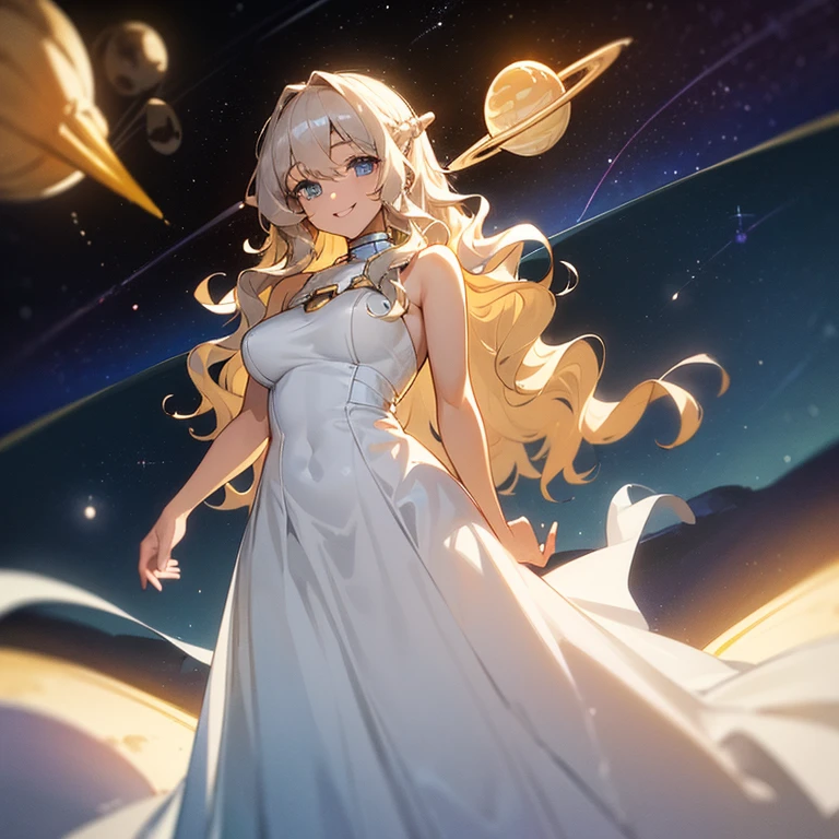 (((Alone woman))),(((Light skin))),(((Wavy golden hair))),(((blue-gray eyes))),(body curves),(((sweet smile))) ,(((beautiful white long dress))),(((being in outer space)))