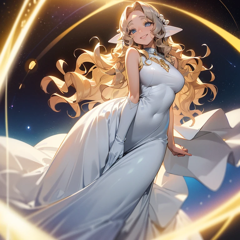 (((Alone woman))),(((Light skin))),(((Wavy golden hair))),(((blue-gray eyes))),(body curves),(((sweet smile))) ,(((beautiful white long dress))),(((being in outer space)))