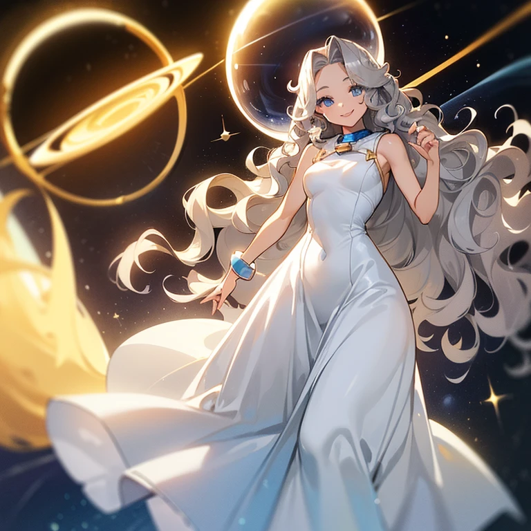 (((Alone woman))),(((Light skin))),(((Wavy golden hair))),(((blue-gray eyes))),((body curves)),(((sweet smile))) ,(((beautiful white long dress))),(((being in outer space)))