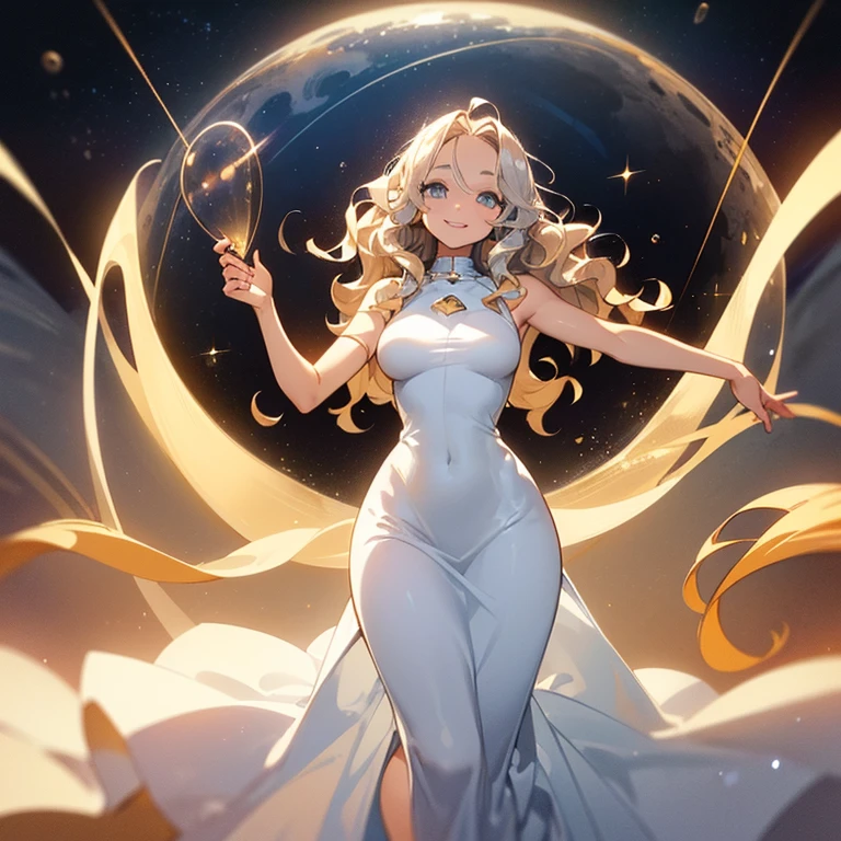 (((Alone woman))),(((Light skin))),(((Wavy golden hair))),(((blue-gray eyes))),((body curves)),(((sweet smile))) ,(((beautiful white long dress))),(((being in outer space)))