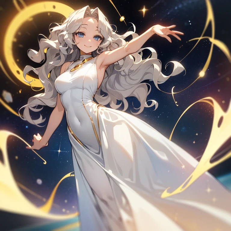 (((Alone woman))),(((Light skin))),(((Wavy golden hair))),(((blue-gray eyes))),((body curves)),(((sweet smile))) ,(((beautiful white long dress))),(((being in outer space)))