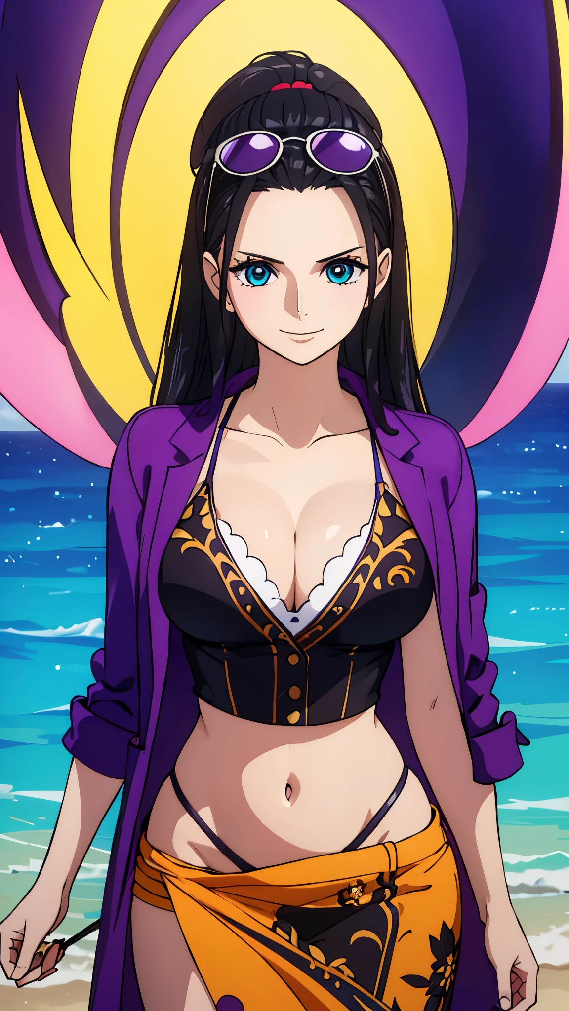 masterpiece, best quality,best illuminate,(((best quality,textile shading,ultra detailed))),extremely detailed CG unity 8k wallpaper,best light,high resolution,detailed,dynamic lighting,intricate details, hyper detail, sharp detail,detailed, highres, intricate details, nico robin, wanostyle, 1girl, aqua eyes, black hair, breasts, cleavage, closed mouth, collared jacket, cowboy shot, crop top, purple cropped jacket, eyewear on head, hair slicked back, hand up, high collar, large breasts, long hair, looking at viewer, midriff, navel, plunging neckline, pose, sarong, short sleeves, smile, solo, standing, stomach, sunglasses, very long hair, flower drawing on jacket, outdoors, sea, hand behind head,