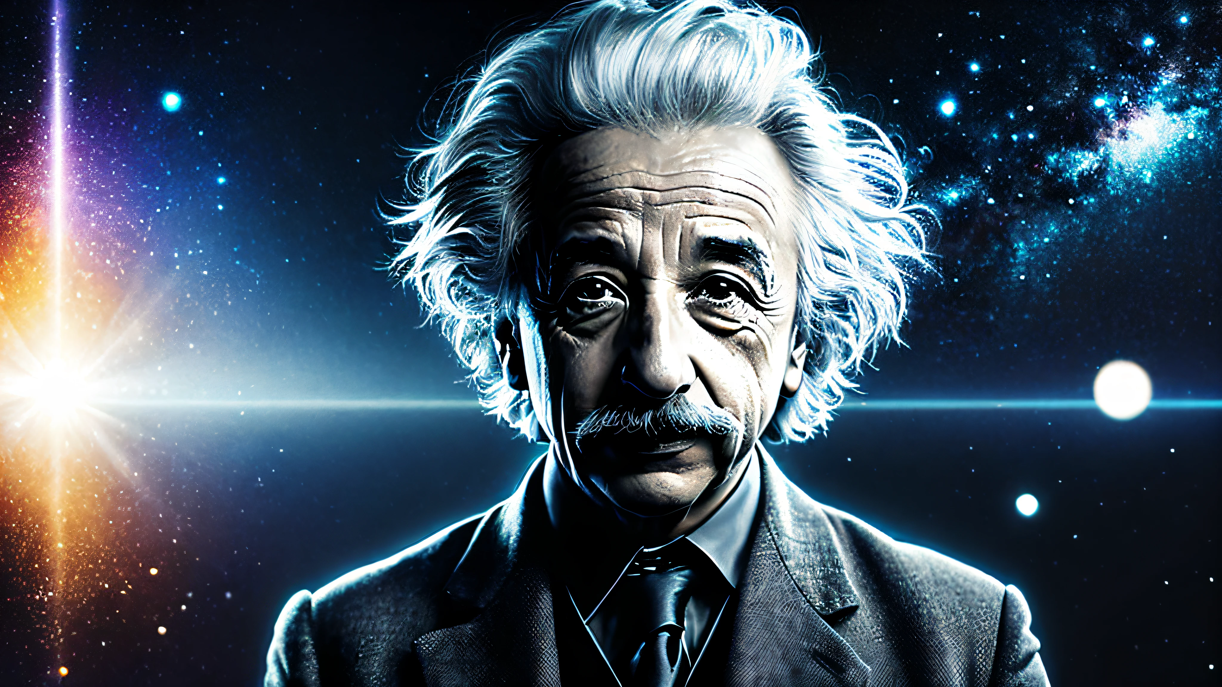 German physicist Albert Einstein, cinematic feel, alta qualidade, fundo preto com luzes flutuantes