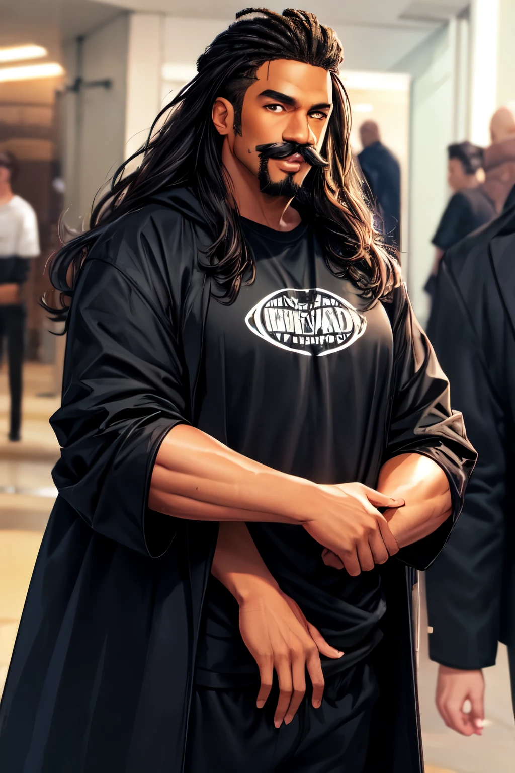 dark-skinned man, long hair, sweatpants and black shirt with a large black coat, a mustache and goatee