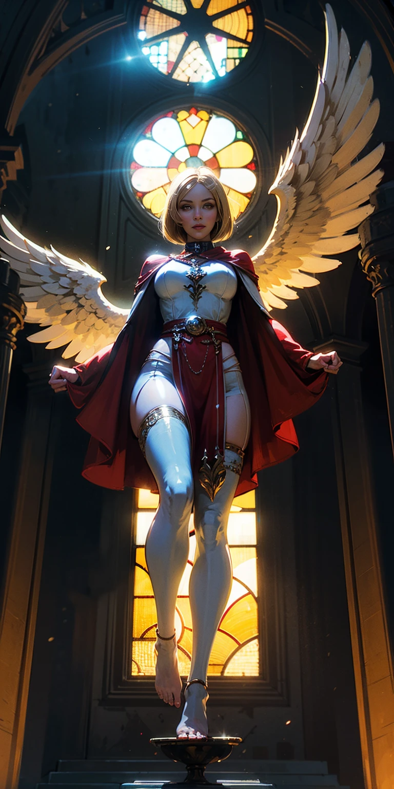 low angle, from below, paladin templar lady in white tabard, legwear, glowing yellow eyes, collar, golden chainmail, wide hips, barefoot, angel wings, pauldrons, halo, bob cut, blonde, eye focus, red cape, temple indoors, decorations, stained glass windows, night, particles, chromatic aberration, detailed, cinematic, dark scene, fantasy