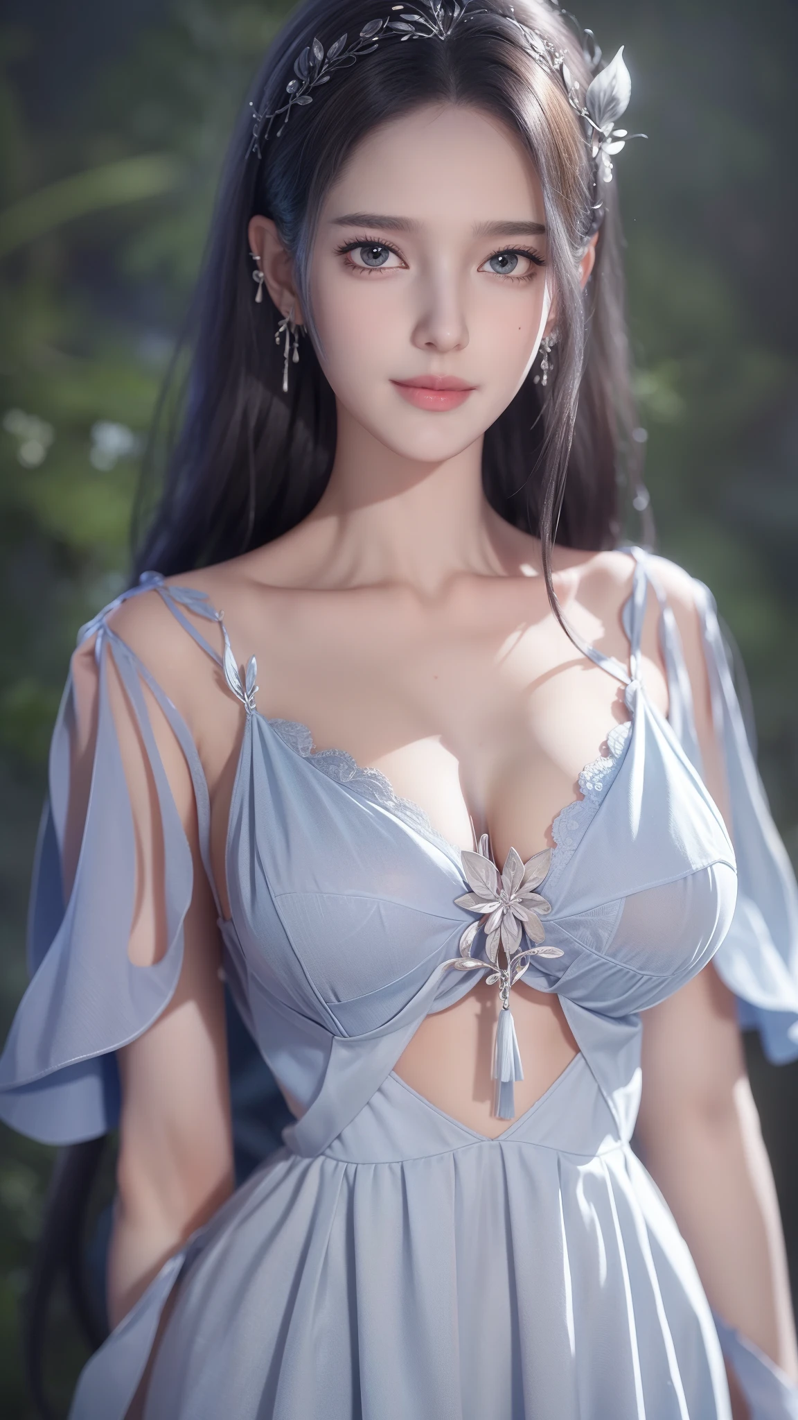 masterpiece, best quality,for the audience, Upper body,middle-aged women,greek goddess style, oval face, ((slender eyes)), There are moles under the eyes,Brown eyeballs, thin lips, blonde hair, very long hair, close your mouth and smile,20 years old, self - portrait, simple background,white dress,Full body display,Full body display,Big breasts,exposing her chest,