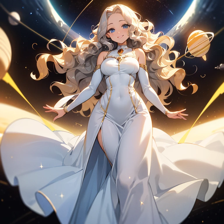 (((Alone woman))),(((Light skin))),(((Wavy golden hair))),(((blue-gray eyes))),((body curves)),(((sweet smile))) ,(((beautiful white long dress))),(((being in outer space)))