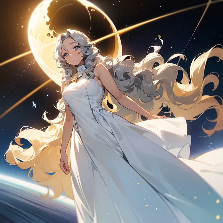 (((Alone woman))),(((Light skin))),(((Wavy golden hair))),(((blue-gray eyes))),((body curves)),(((sweet smile))) ,(((beautiful white long dress))),(((being in outer space)))