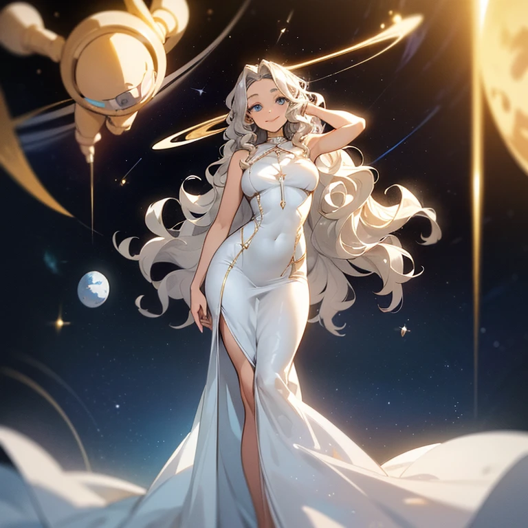 (((Alone woman))),(((Light skin))),(((Wavy golden hair))),(((blue-gray eyes))),((body curves)),(((sweet smile))) ,(((beautiful white long dress))),(((being in outer space)))
