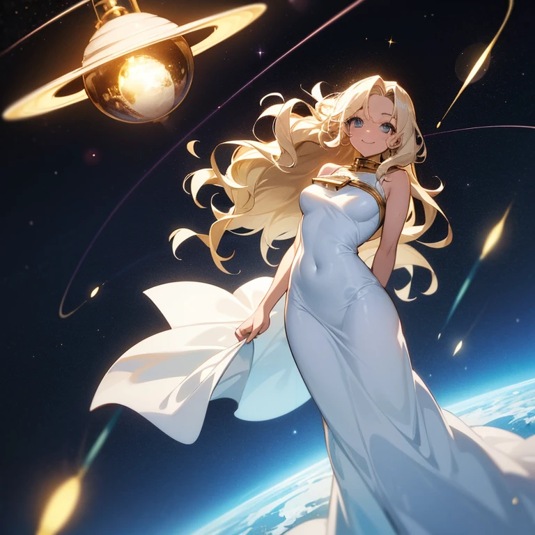 (((Alone woman))),(((Light skin))),(((Wavy golden hair))),(((blue-gray eyes))),((body curves)),(((sweet smile))) ,(((beautiful white long dress))),(((being in outer space)))