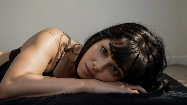 full body photo of a black hair woman with bangs lying on her side, propped up on one/his elbow, hand supporting his head, in languere