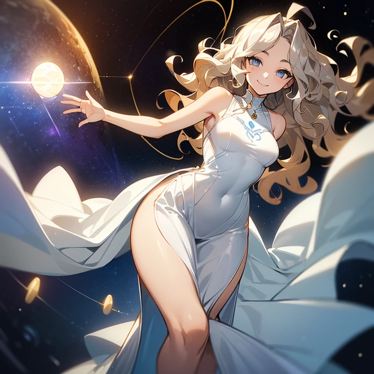 (((Alone woman))),(((Light skin))),(((Wavy golden hair))),(((blue-gray eyes))),((body curves)),(((sweet smile))) ,(((beautiful white long dress))),(((being in outer space)))