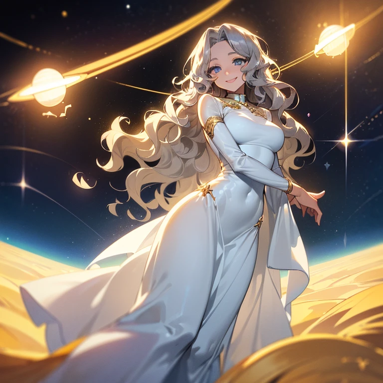 (((Alone woman))),(((Light skin))),(((Wavy golden hair))),(((blue-gray eyes))),((body curves)),(((sweet smile))) ,(((beautiful white long dress))),(((being in outer space)))