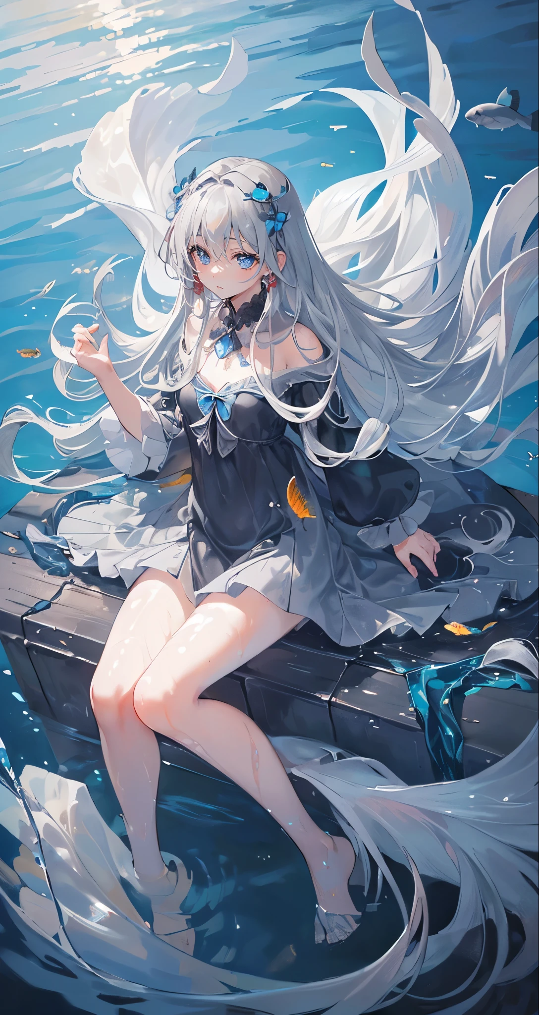 (muste piece), (highest quality), very detailed, 1 girl, Solo Full Body Shot, perfect face, beautiful girl, highly detailed face,(long gray hair:1.5),(blue eyes:1.4),(float:1.4),(in water:1.4),seabed,School of small fish,Light,jellyfish,seaweed,Red fish,Yellow fish,deep sea,fantasy