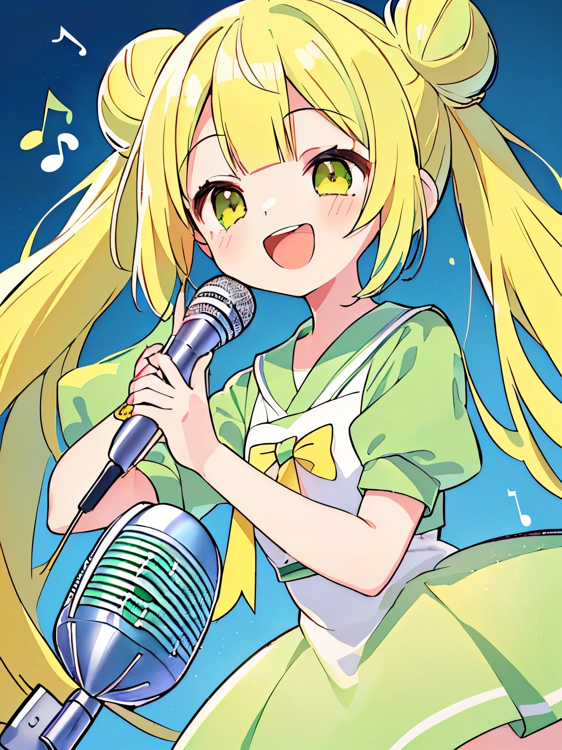 High resolution, (anime style etc..:1.1), ((pieces fly)), ((highest quality)), (Super detailed), (beautiful),cute face、(lift),pretty girl、(((twin tails、bun hair、yellow hair、)))(((((sing)))))((microphoneロフォン、)(((((1 girl)))))(green one piece)(eyes closed、両eyes closed)((((smile、laughing、opening a big mouth))))((((((singing、microphone))))))