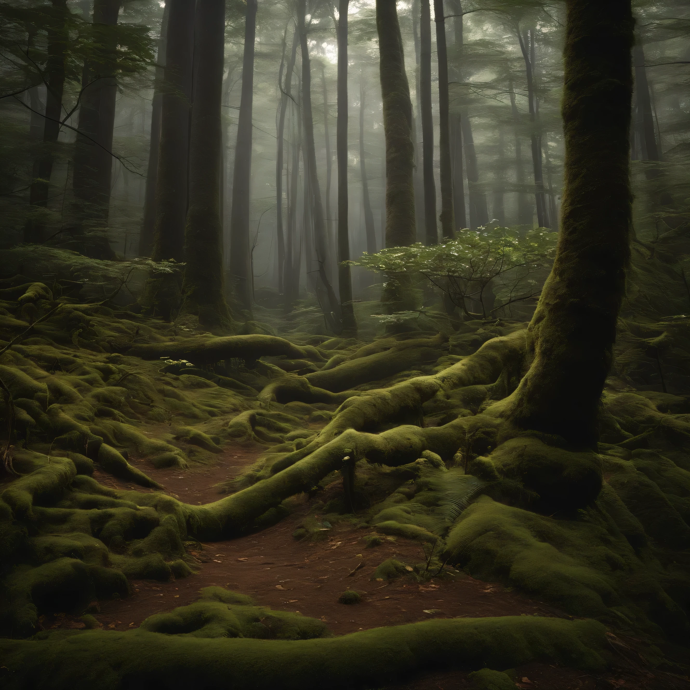 Create an image of Aokigahara Forest with dense trees and a mysterious environment. Destaque o simbolismo do "forest of suicides" with subtle representations of spirits.