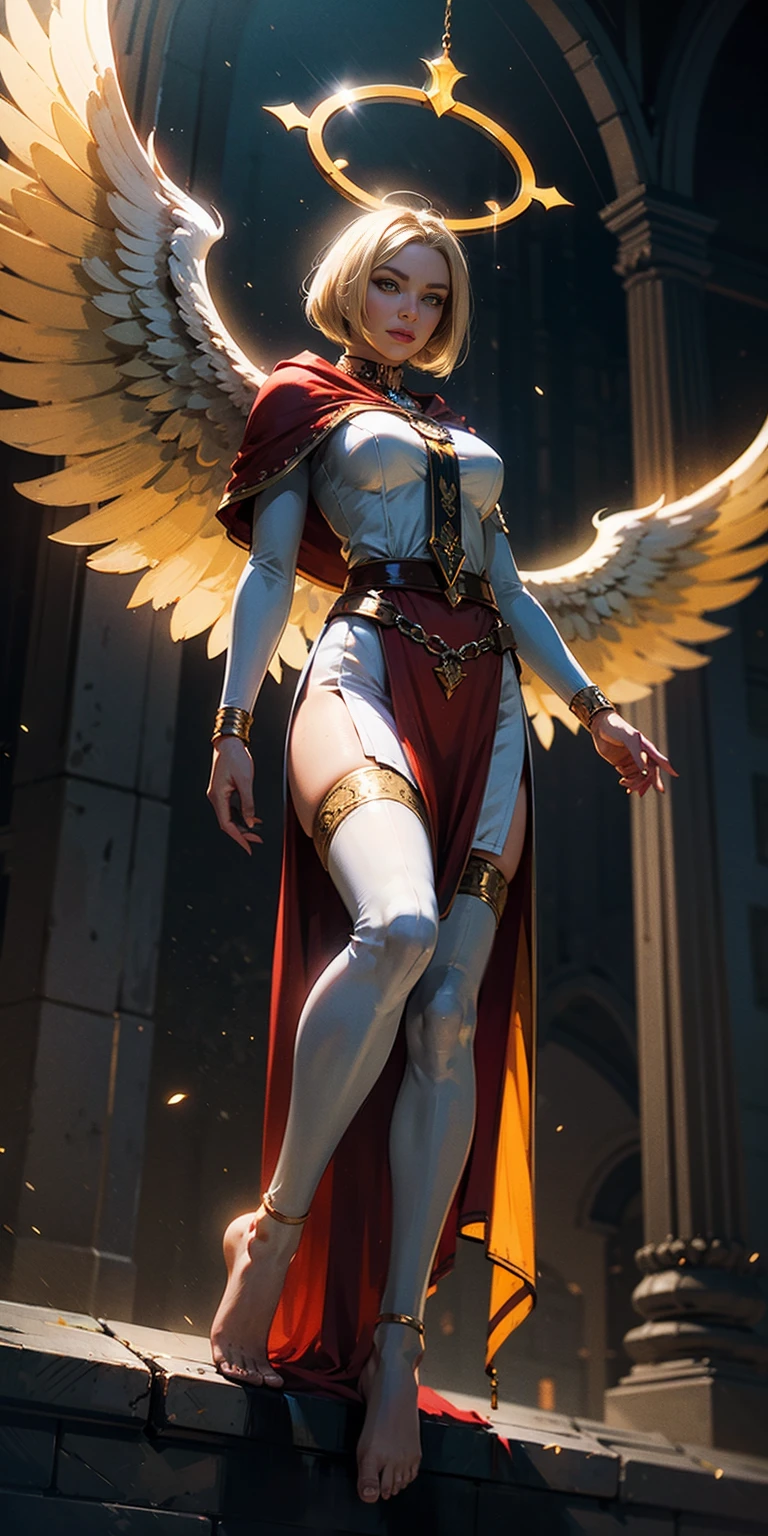 low angle, from below, paladin templar lady in white tabard, legwear, glowing yellow eyes, collar, golden chainmail, wide hips, barefoot, angel wings, pauldrons, halo, bob cut, blonde, eye focus, red cape, temple indoors, decorations, stained glass windows, night, particles, chromatic aberration, detailed, cinematic, dark scene, fantasy