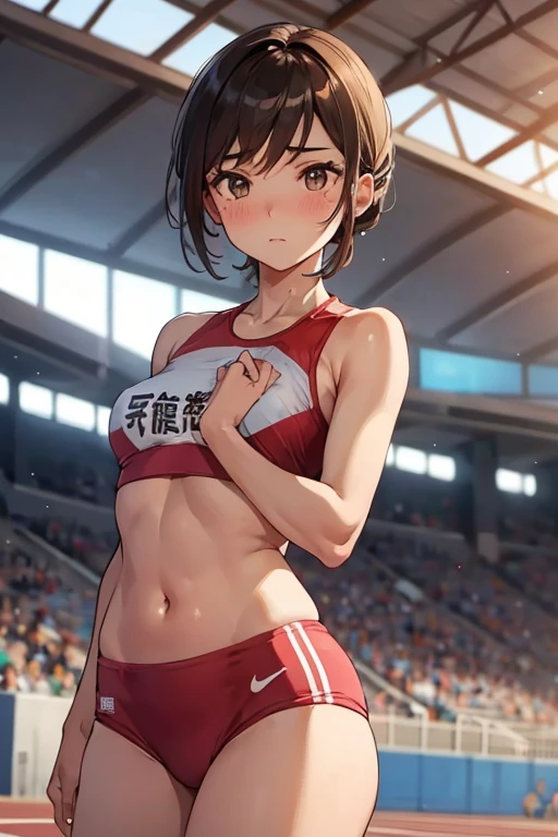 1 Beautiful ,dynamic angle,girl track and field athlete,small head,big breasts,meaty, at track and field ,(detailed beautiful face:1.4),detailed skin、emphasize the chest、The chest is visible、cute