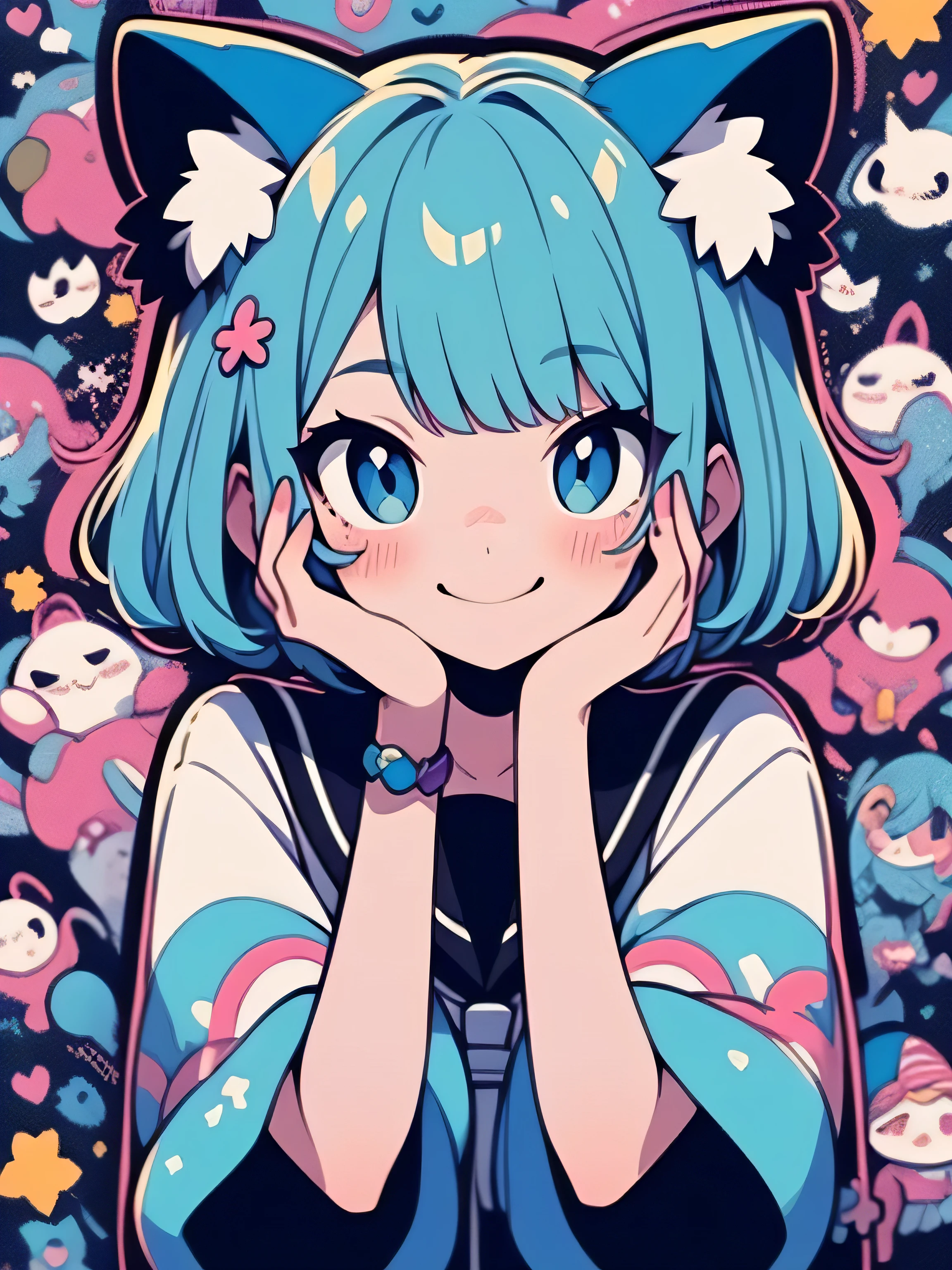 high quality、blue and purple color palette、high-level image quality、Kawaii Girl、Unprecedented amount of drawing、anime styled, smile, Geometric pattern background、sticker style、bob cuts hair, short hair、blue hair、blue cat ears, blue eyes, front facing, hands posing, menhera, lose clothing