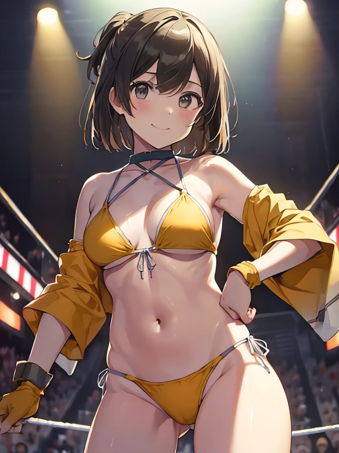 (pieces fly, highest quality:1.2), cowboy shot, alone, 1 girl, Hiryū, shy smile, looking at the viewer,Yellow Bikini、one side up, , Gloves without partial fingers、The background is professional wrestling、Audience seats、Are standing、facing forward