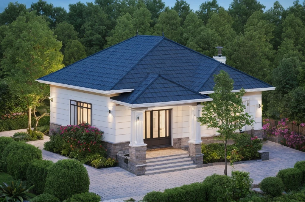 (Villa in city ,close houses and trees), slope_roof , tile_roof ,daylight ( best quality) ((high solution)) ,(( photo realistic)) ,warm light,  soft lighting, warm atmosphere,high Resolution, hyper detailed,4k ,vray render, octane render, hyper realistic, photography expert ,exterior design , professional photography, exterior photography,wide-angle shot , ultra detail , high Resolution , full frame, full body