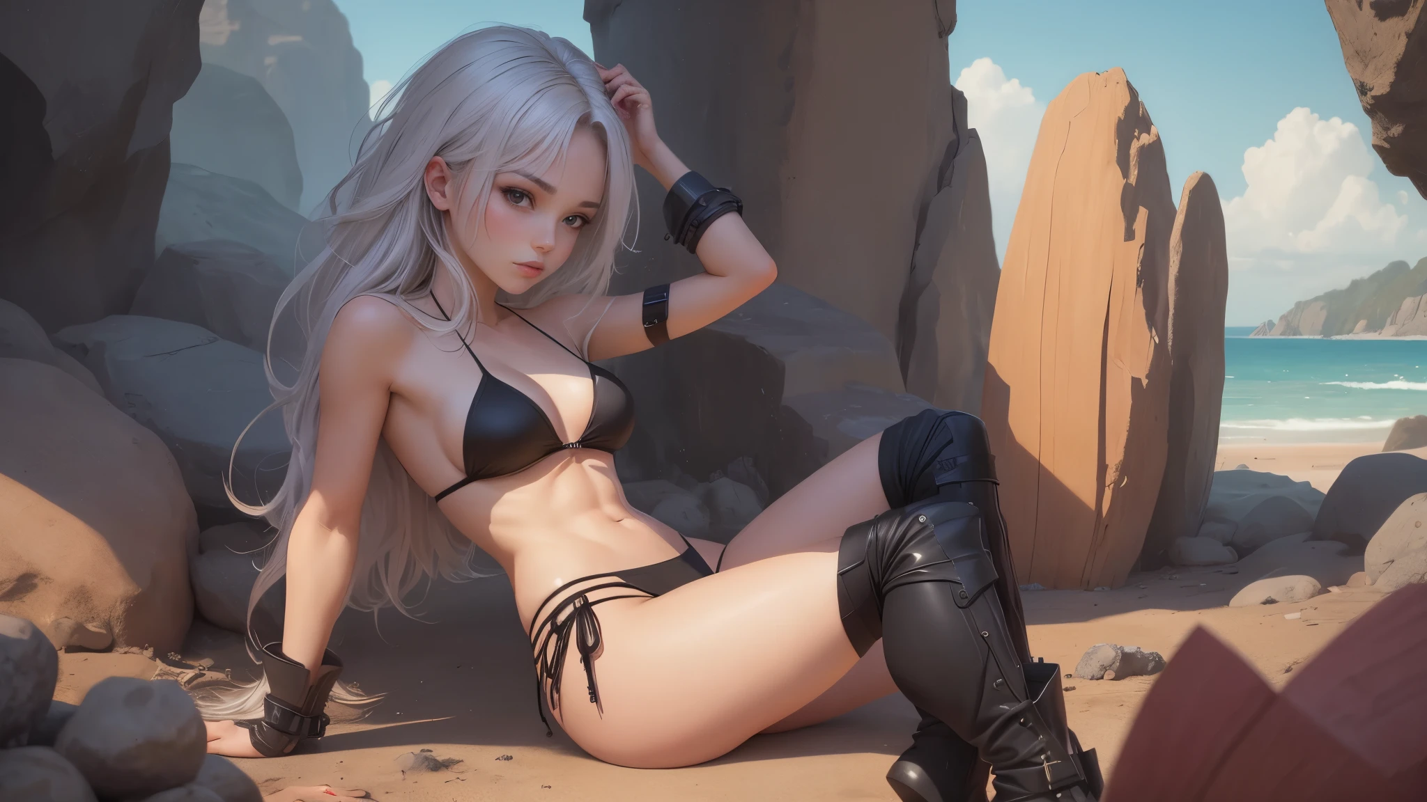 1girl as a bikini model, anime, cabelos brancos, black bikini, Botas pretas de coxa, Tonificado, Personagem estilo anime solo, Torso Tiro, foco na clivagem