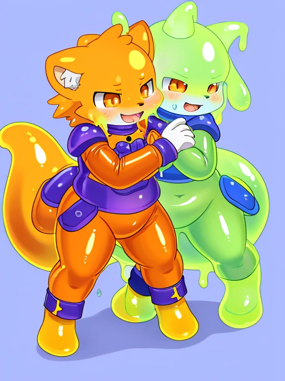 Cubs,被slime覆盖,slime,light orange cuollars,被slime覆盖,fall((充满银色slime)),protective suits