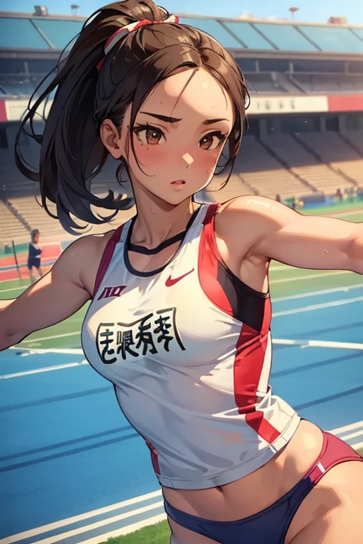 1 Beautiful ,dynamic angle,girl track and field athlete,small head,big breasts,meaty, at track and field ,(detailed beautiful face:1.4),detailed skin、Thigh emphasis