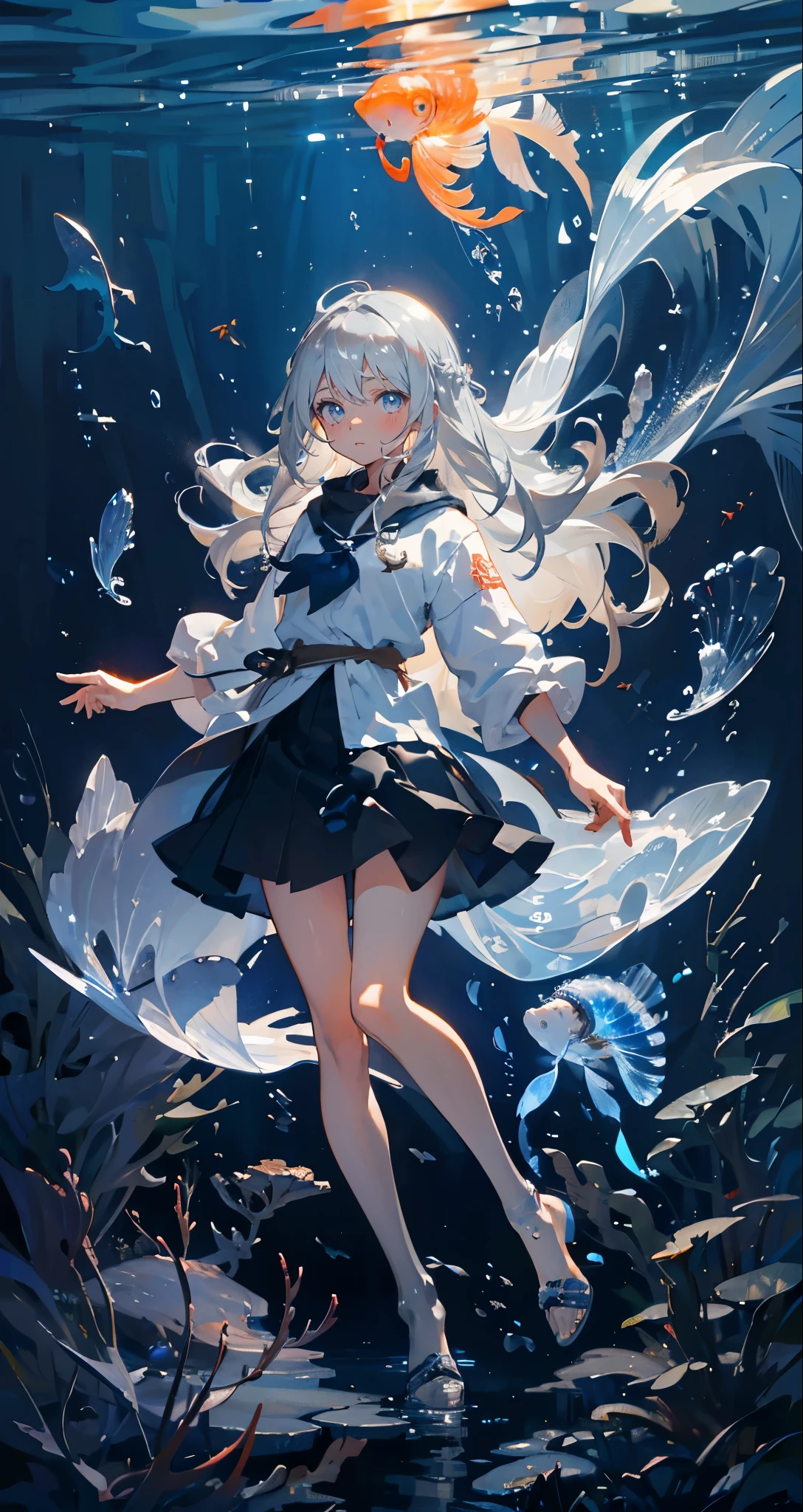 (muste piece), (best quality), very detailed, 1 girl, solo full body shot, perfect face, beautiful girl, very detailed顔，(long gray hair:1.5)，(blue eyes:1.4)，(Floating hair:1.4)，(in water:1.4)，(bend your legs:1.3)，seabed，school of fish，Light，jellyfish，seaweed，Red fish，Yellow fish，deep sea，fantasy