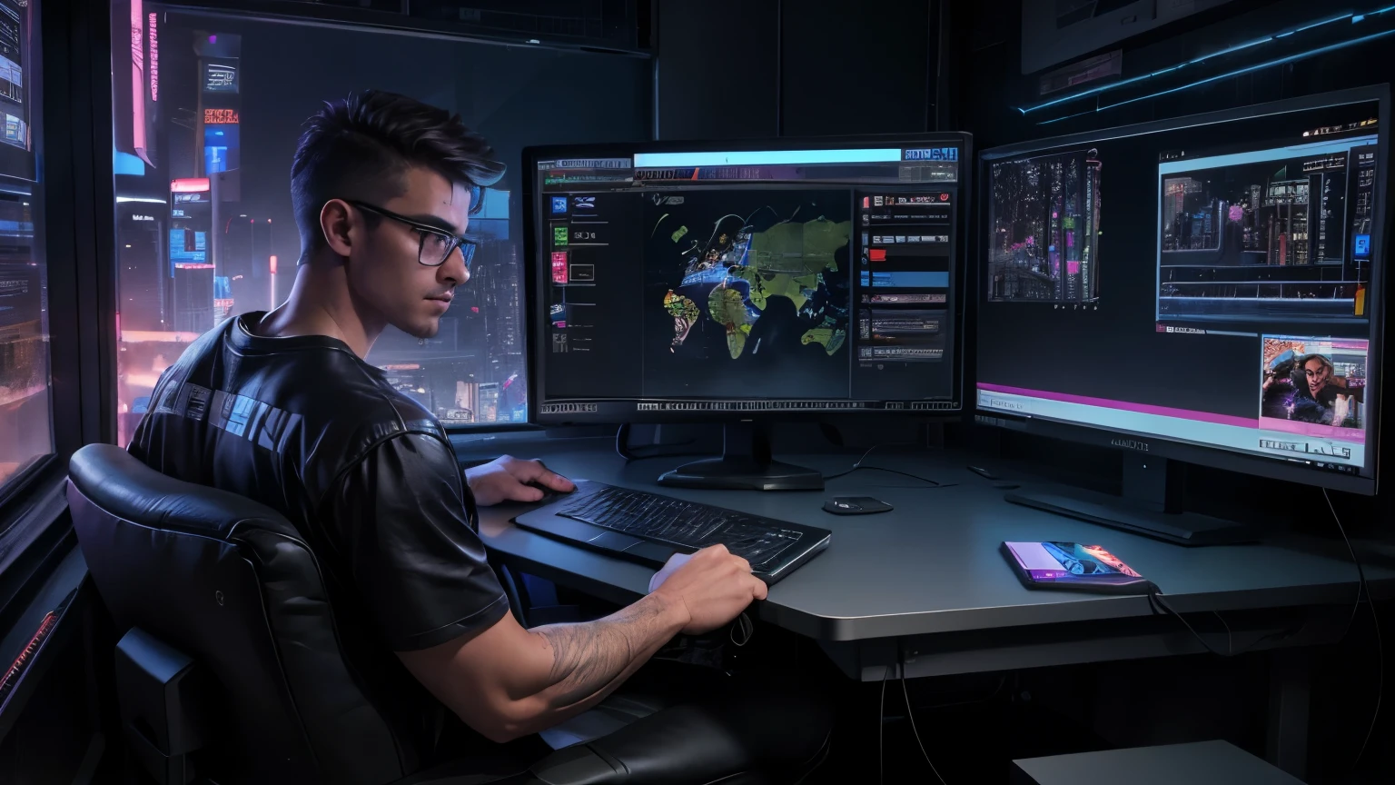student with his macbook studying in his hitech room, cyberpunk multi-monitor, ultra realistic, cinematic, 16k