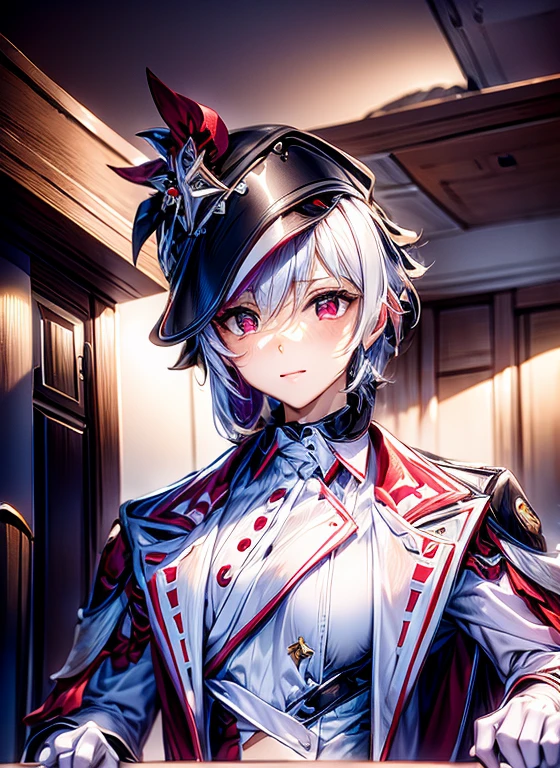 purple hair，red eyes，White clothes