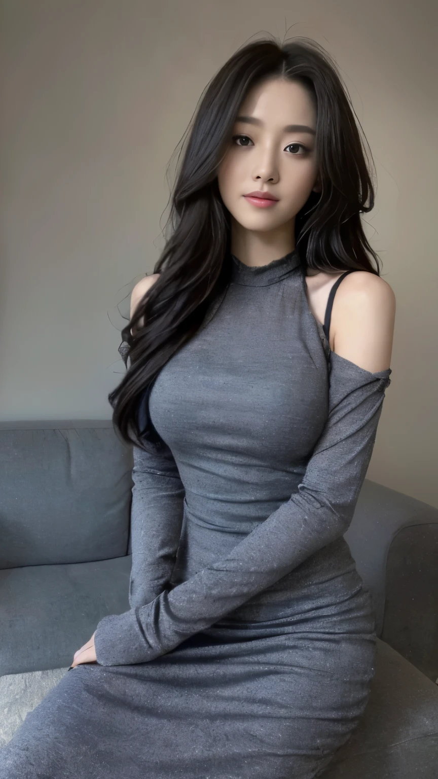 ((top-quality、8k、masterpiece:1.3))、Beautiful woman with perfect body:1.4、slim abdomen:1.2、Longhair, normal breast, Highly detailed facial and skin texture, A detailed eye, (smile), (full body shot), ((studio)), (sitting on the chair), (((wearing long classy dress))), looking infront, (((dark grey background:1.1)))