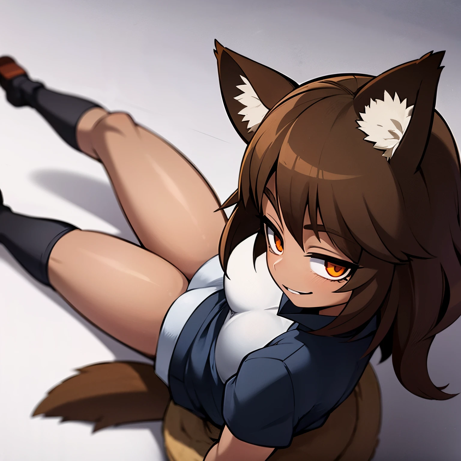 Anime image of a girl with short brown hair, very tanned and brown skin, she has raccoon ears and a tail, she wears a very tight schoolgirl uniform, she is muscular and she is smiling sadistically while she is in a classroom.