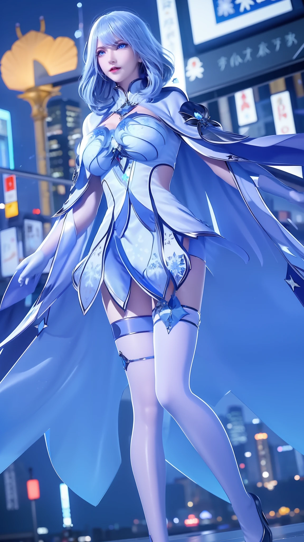 1 girl,adult, cityscape, night,looking at the audience, blue eyes,short skirt,Medium to long white hair, blue hair,cape, white pantyhose,snowflake, floral, jewelry, gem,shining, thigh strap,huge 、huge breasts，